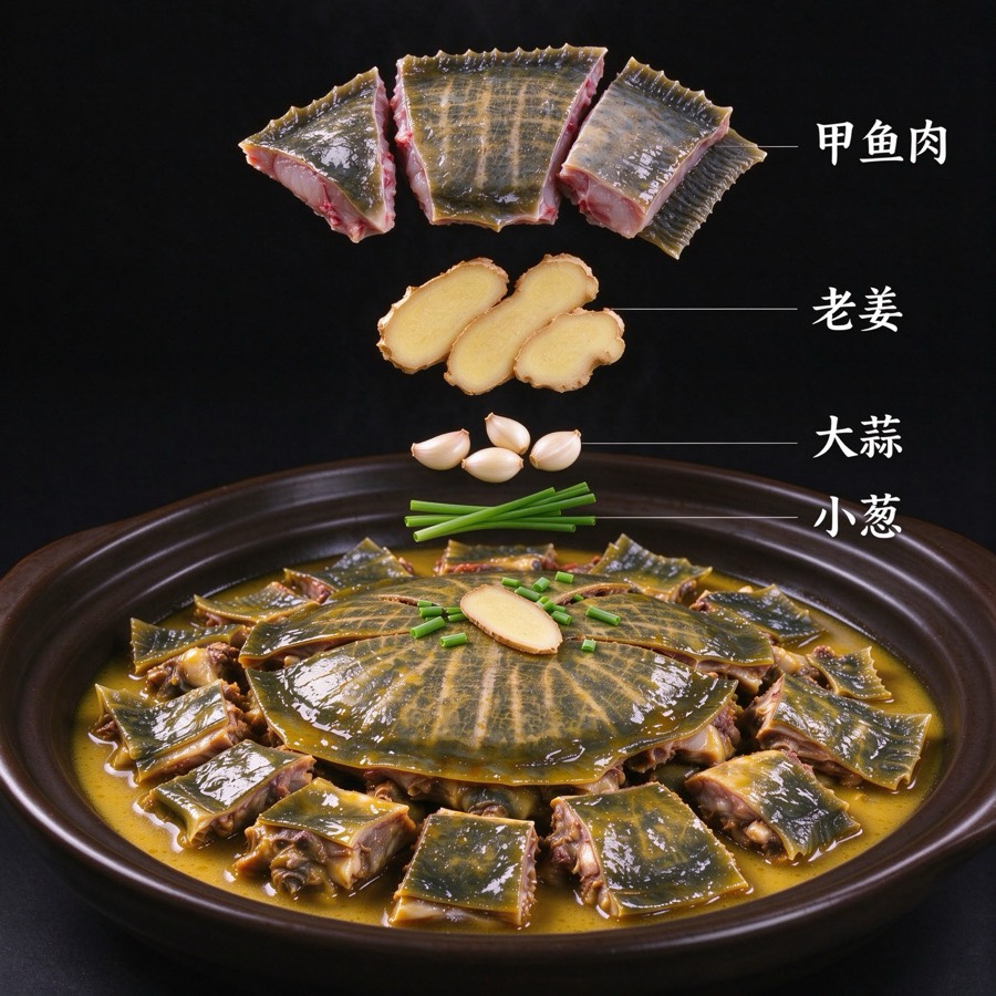红烧甲鱼食材标注：小葱、大蒜、老姜、甲鱼肉块