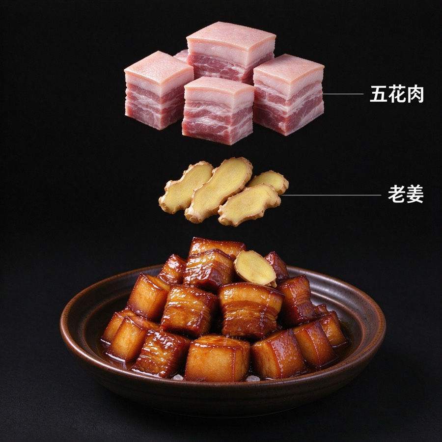 农家红烧肉食材标注：老姜、五花肉