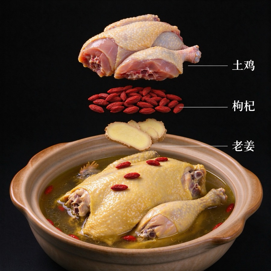 自养土鸡汤食材标注：枸杞、老姜、土鸡