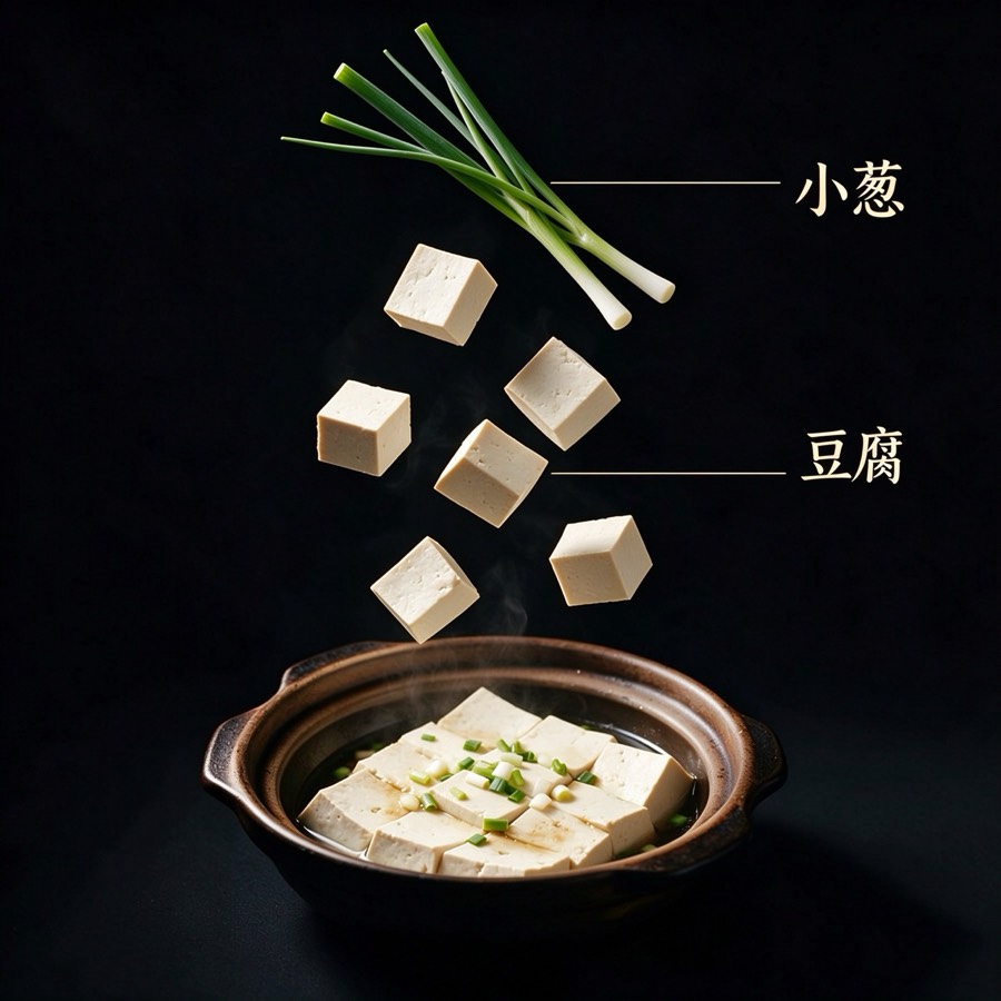葱烧农家豆腐食材标注：小葱、豆腐