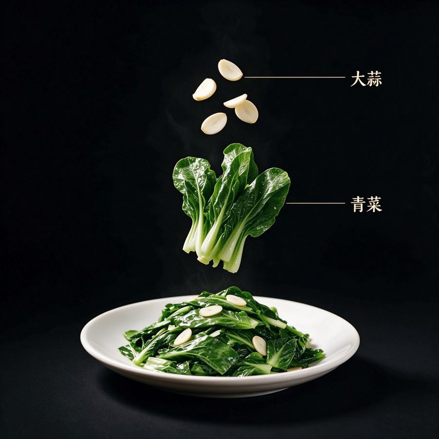 自种时令青菜食材标注：大蒜、青菜