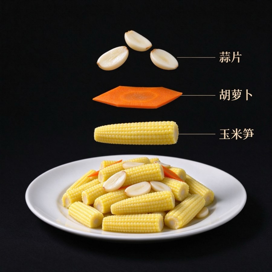 蒜片、胡萝卜、玉米笋
