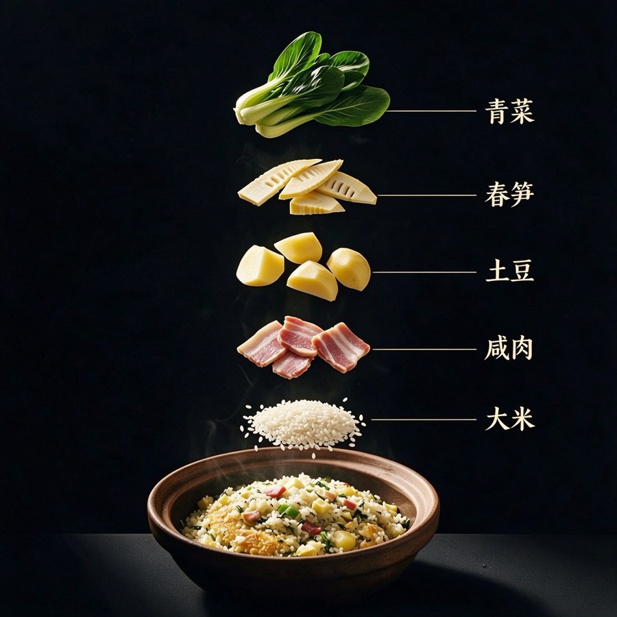 仙居咸酸饭食材标注：青菜、春笋、土豆、咸肉、大米