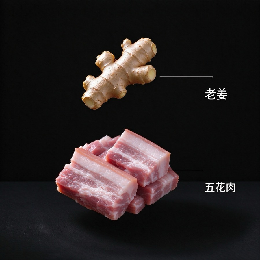 香酥炸肉食材标注：老姜、五花肉